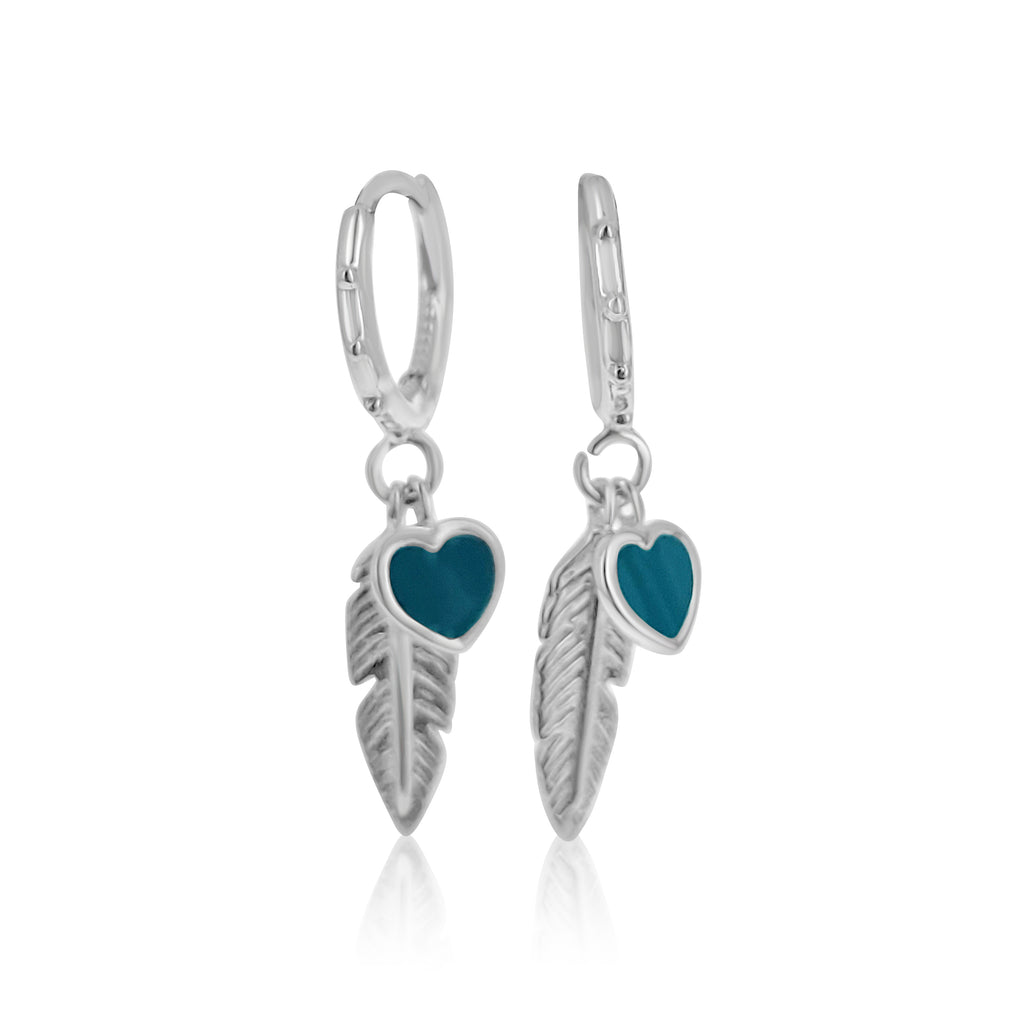 Feather and TQ Heart Huggies Modes Jewelry
