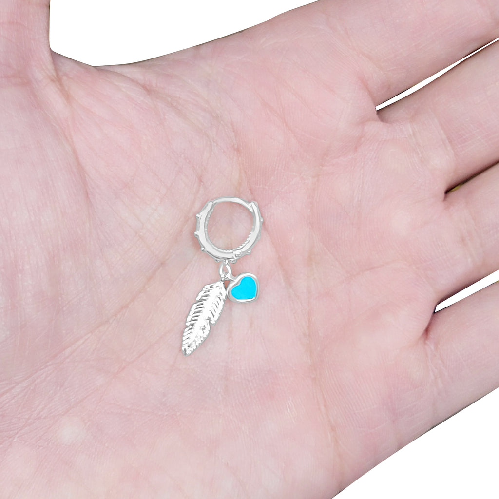 Feather and TQ Heart Huggies Modes Jewelry